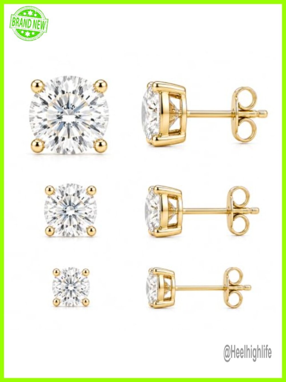 14K Gold Plated Stud Earrings Set 3 Pairs Cubic Zirconia Hypoallergenic